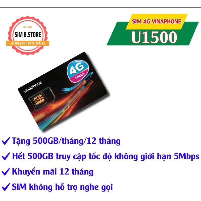 { FREE 1 NĂM } Sim 4G Vinaphone U1500 Tặng 500GB/tháng Tốc Độ Cao Sử Dụng Không Giới Hạn Băng Thông 5mbps
