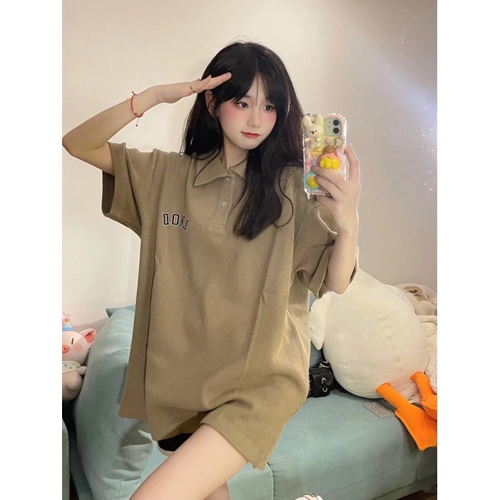Áo Polo Nâu Tay Ngắn Dáng Rộng Thêu Chữ Phong Cách Vintage Thể Thao Hàn Quốc Có Cổ Đủ Size Phom Unisex