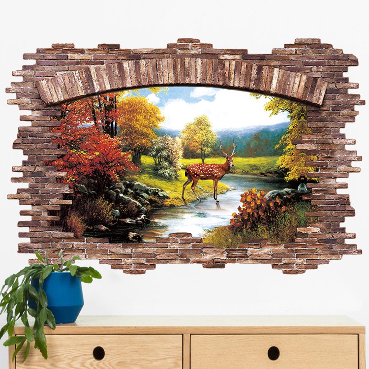 Decal tranh dán tường 3D trang trí nhà cửa - khu rừng và con hươu ( 60 x 90 cm)