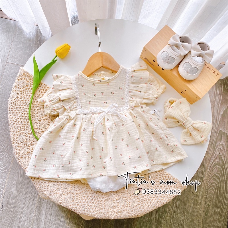 Sét váy cánh tiên đầy tháng/ thôi nôi xô muslin hoạ tiết hoa tulip kèm nơ cho bé gái