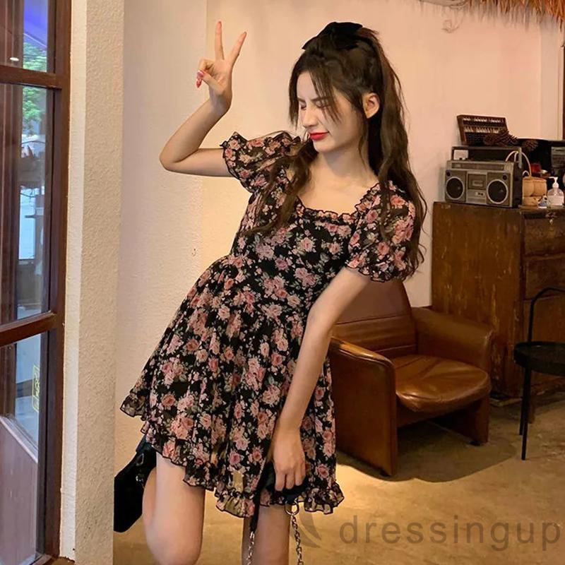 Đầm chữ A cổ vuông tay ngắn phồng eo cao thời trang mùa hè cho nữ