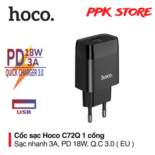 Củ Sạc Nhanh HOCO C72Q hỗ trợ sạc nhanh 3A, PD 18W, tương thích với nhiều thiết bị điện thoại: Iphone/Samsung/Xiaomi