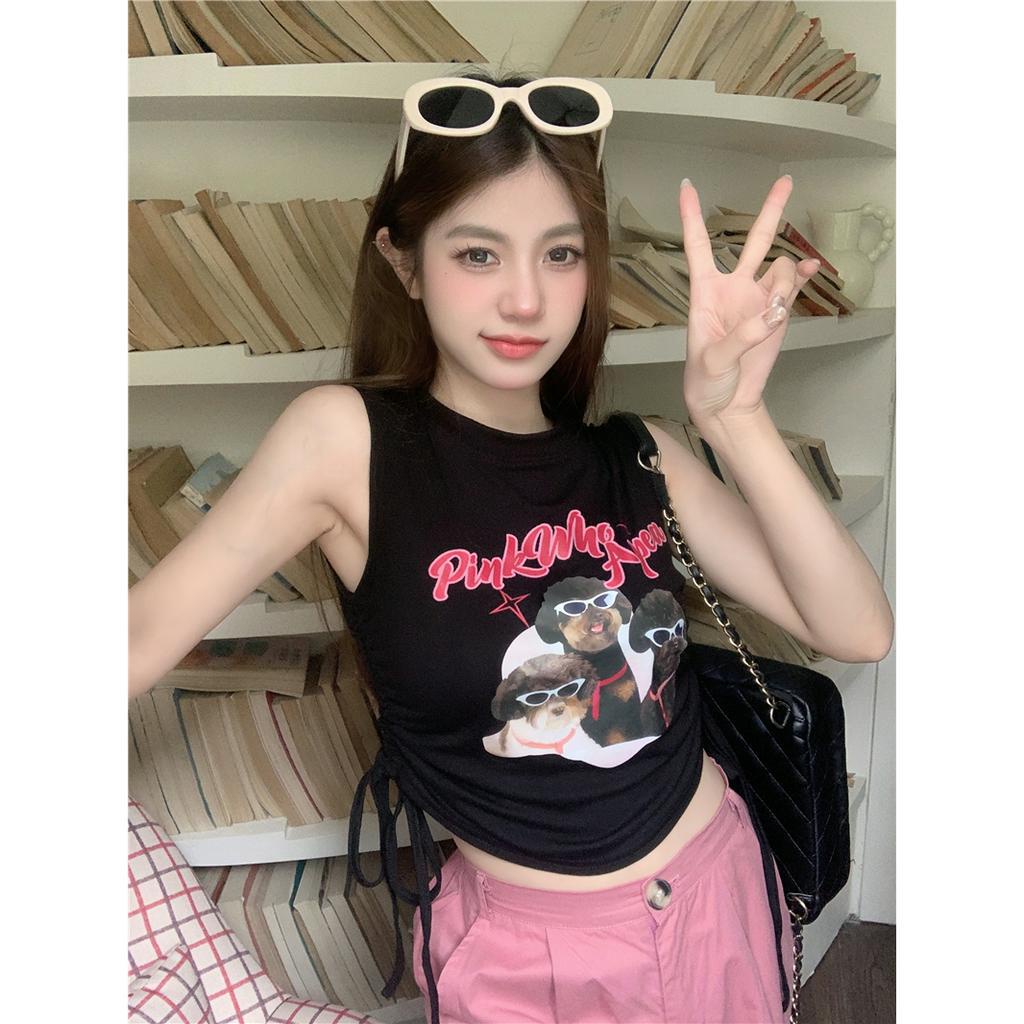 Lalisas Áo Sát Nách Cổ Thuyền Thiết Kế Dây Rút In Cảm Giác retro Mỹ Cho Nữ