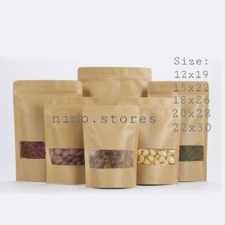 Sỉ 1kg Túi zip zipper giấy kraft NÂU đáy đứng có cửa sổ