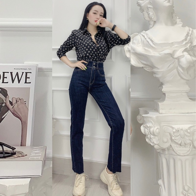 Quần jean baggy ống suông nữ lưng cao cắt lai gấu style Hàn Quốc RUBIE JEANS 1514