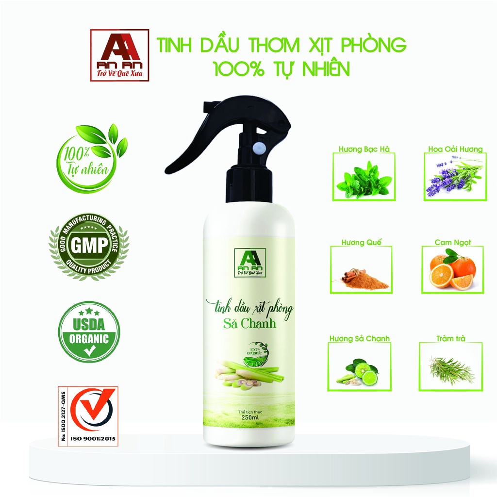 Xịt Thơm Phòng Tinh Dầu Sả Chanh/Bạc Hà/Oải Hương/Tràm Trà/ Quế/Cam 250ml - Xịt Phòng An An khử mùi đuổi muỗi hiệu quả.