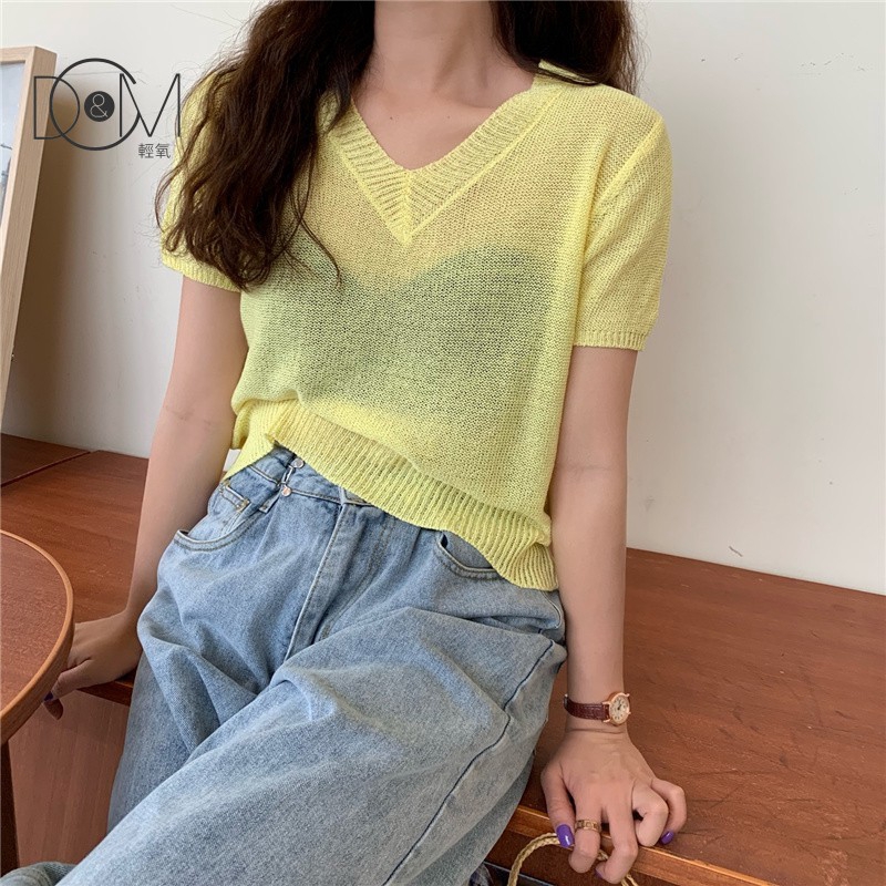 Áo Len Tay Ngắn Cổ Chữ V Màu Trơn Phong Cách Hàn Quốc | BigBuy360 - bigbuy360.vn