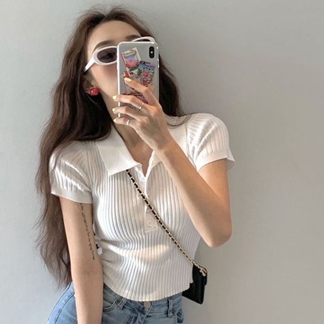 Áo thun polo dệt kim tay ngắn thiết kế thời trang phong cách Hàn Quốc cho nữ