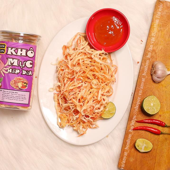 Mực xé sợi hấp nước dừa 200g BONBON Đồ ăn vặt Hà Nội vừa ngon,vừa rẻ. Hàng loại 1, thơm ngon, dai dai.  Bonbon | BigBuy360 - bigbuy360.vn