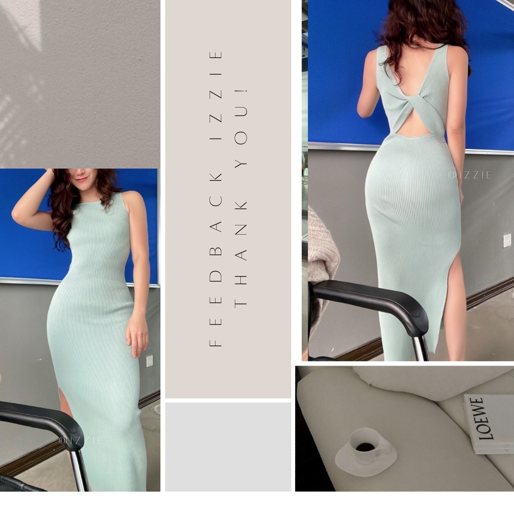 Váy body len đanh dệt kim đầm dáng body xẻ tà Izzie VL388 xoắn nơ mặc hai kiểu trước sau | BigBuy360 - bigbuy360.vn
