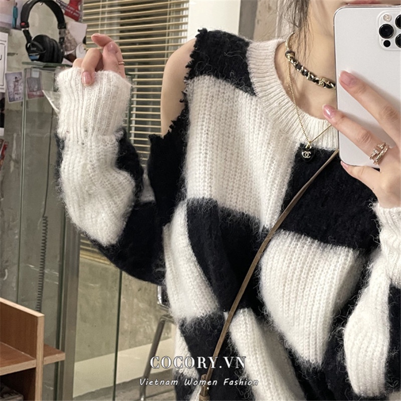  Áo Sweater Dệt Kim Tay Dài Hở Vai Họa Tiết Kẻ Sọc Phong Cách Hàn Quốc Thời Trang | BigBuy360 - bigbuy360.vn