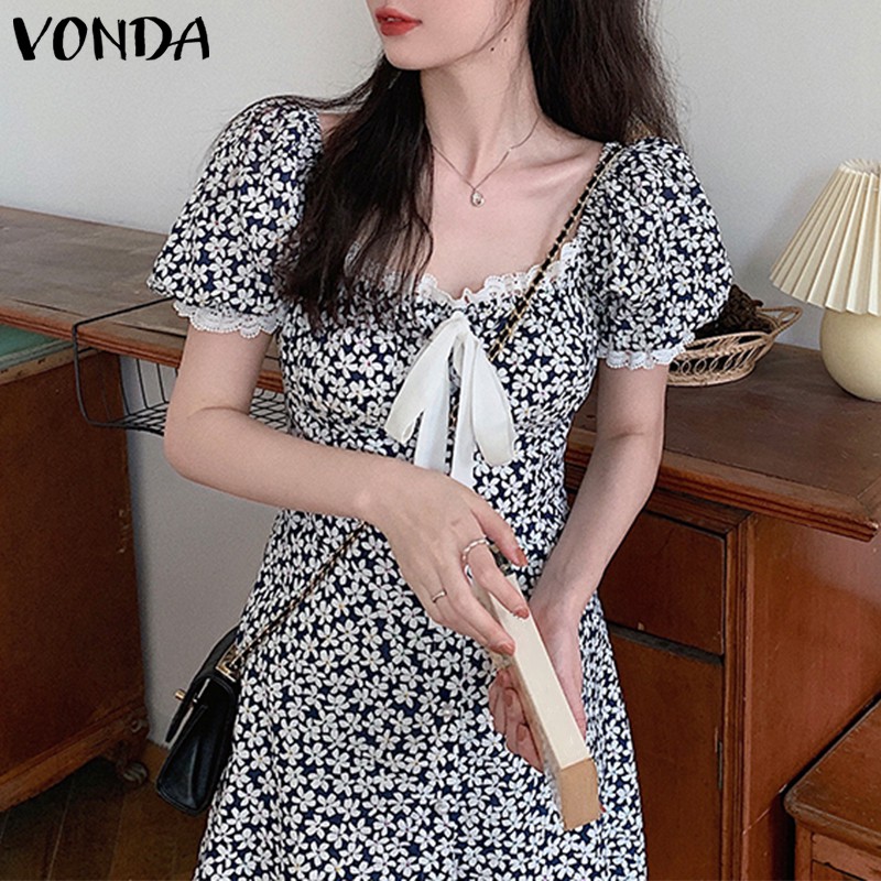 Đầm VONDA Tay Ngắn Cổ Vuông Phối Ren In Họa Tiết Hoa Xinh Xắn Thời Trang | BigBuy360 - bigbuy360.vn