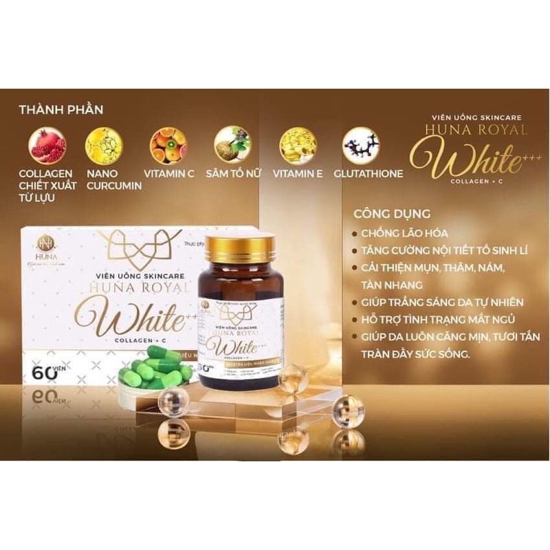 Bộ 2 Viên uống trắng da, mờ nám, cân bằng nội tiết Skincare Huna Royal White +++