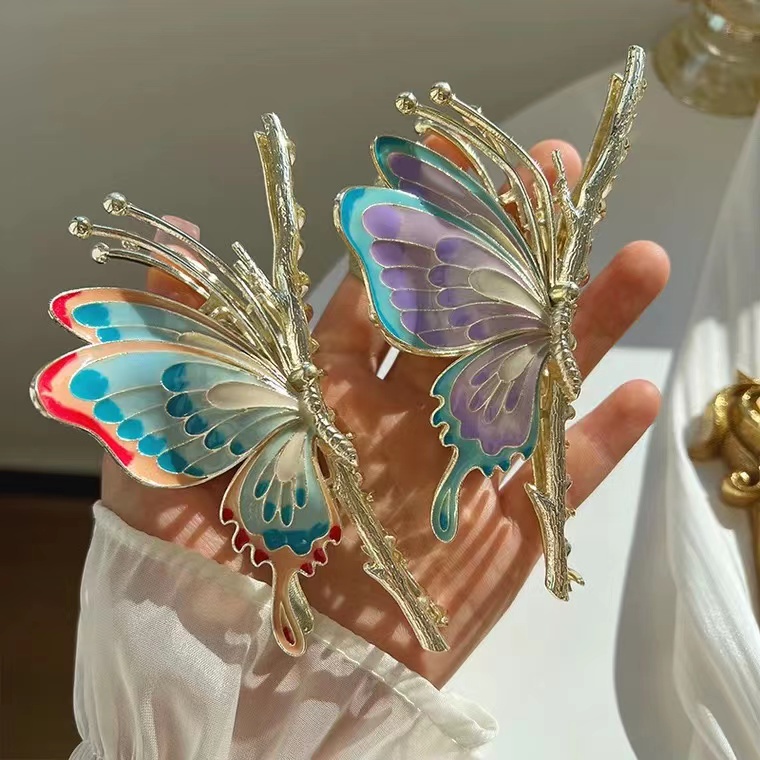 Kẹp Tóc Hình Bướm Màu Đỏ Tím Phong Cách Trung Hoa Cho Bé Gái