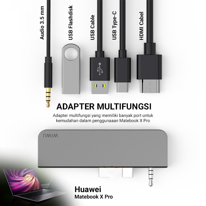 Bộ Chuyển Đổi 5 Trong 1 Wiwu Type C Sang Hdmi Usb 3.0 Pd Pd Cho Matebook X Pro