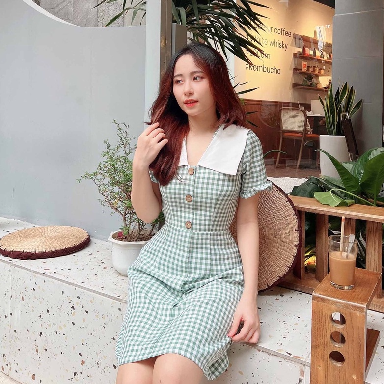 Đầm nữ caro xanh công sở thanh lịch cổ v trắng thiết kế xinh dễ thương chữ a tay ngắn thời trang đi làm đi chơi – Lux W