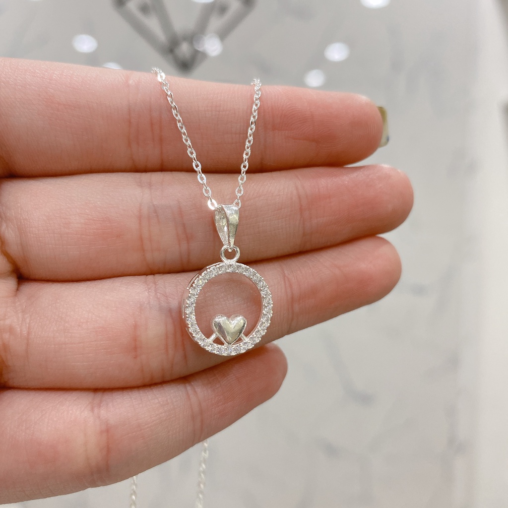 Dây Chuyền Bạc Ta Cao Cấp CaoBac Silver Tròn Rỗng Đính Đá Lấp Lánh Tim Trơn Món Quà Sang Chảnh Tặng Bạn Gái