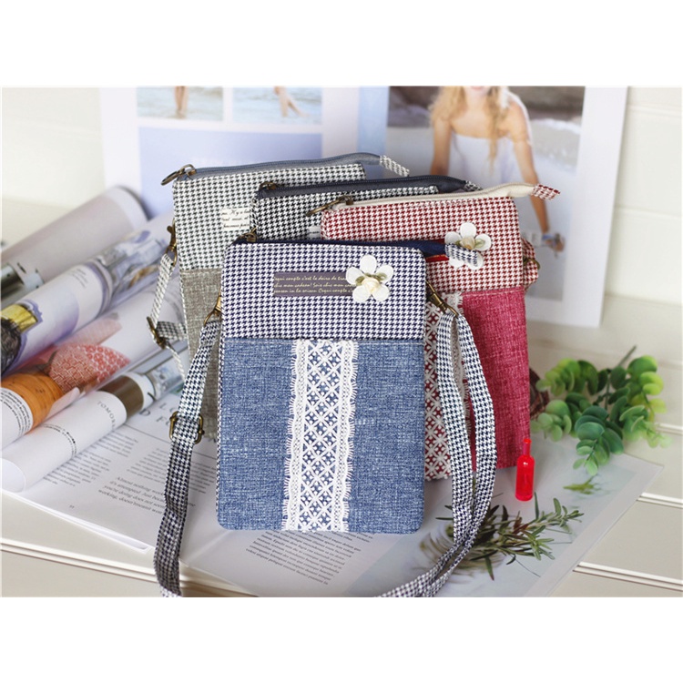 Túi Đựng Điện Thoại/Chìa Khóa/Tiền Bằng Vải Lanh Cotton In Hoa Nhỏ Xinh