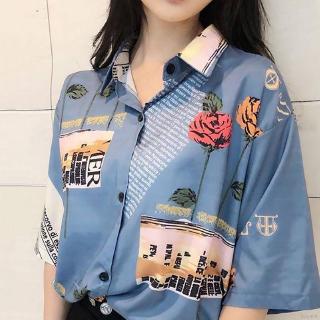 Áo sơ mi tay ngắn hoạ tiết hoa hồng thiết kế thanh lịch
