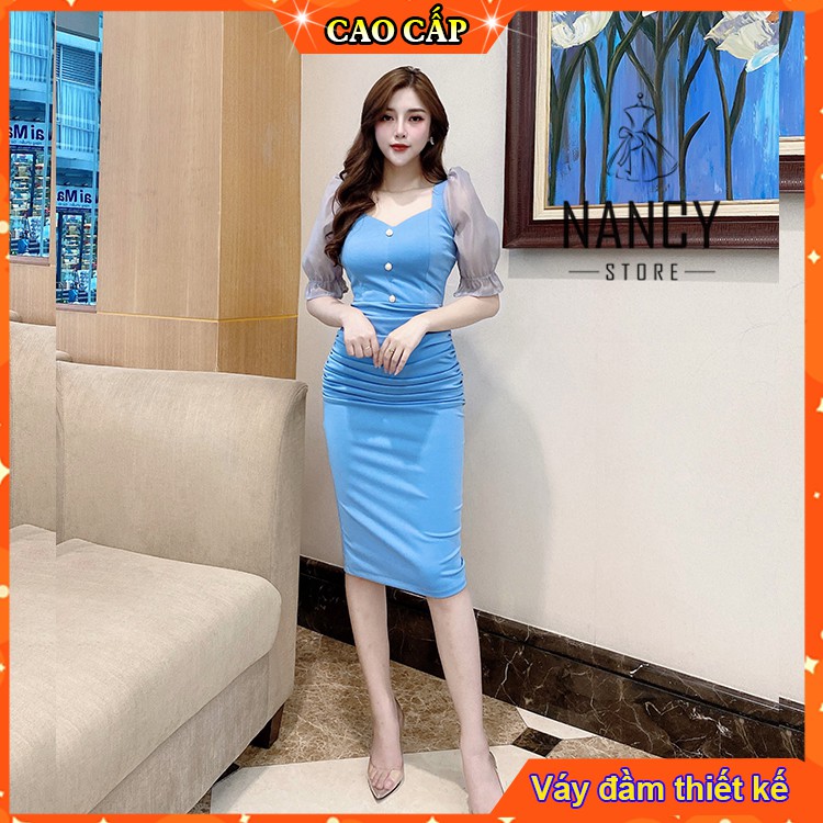 Đầm váy nữ body cổ vuông,dáng ôm tay bồng lửng, cao cấp sang chảnh dự tiệc công sở màu xanh Nancy A41 | BigBuy360 - bigbuy360.vn