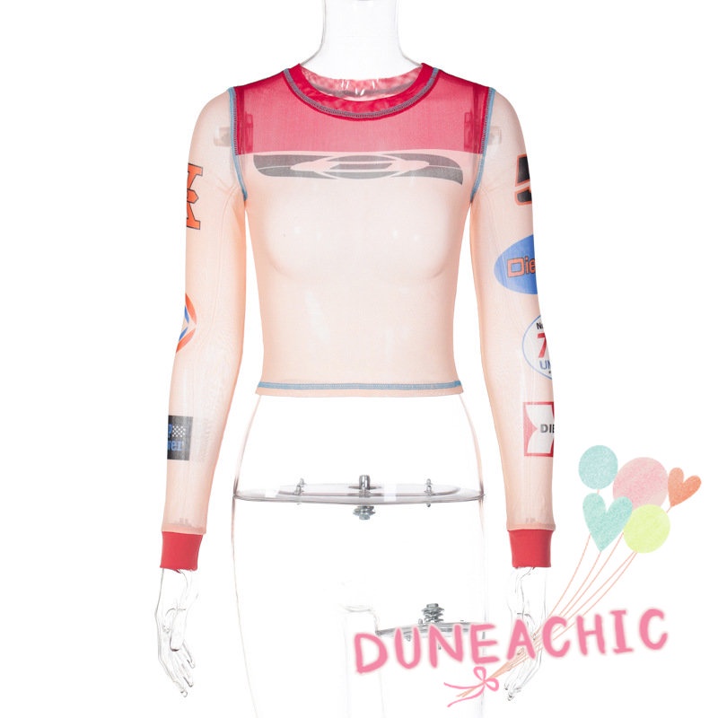 DUNEA Áo Thun Tay Dài Phối Lưới Xuyên Thấu In Họa Tiết Thời Trang Cho Nữ