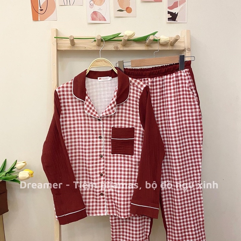 Bộ mặc nhà pijama muslin tay dài quần dài
