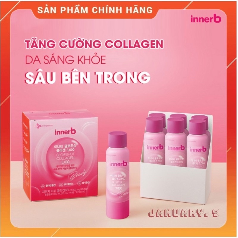Combo 4 hộp nước uống Collagen Vitamin C sáng da InnerB Glowshot 50ml X 6 chai
