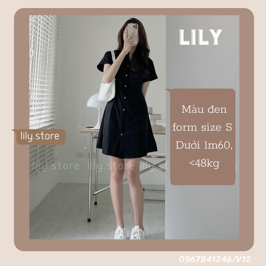 Váy sơ mi dáng suông có chiết eo, Đầm sơ mi chiết eo tiểu thư chất liệu kaki tôn dáng trắng be đen V12 LILY