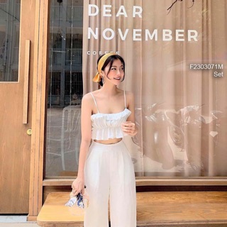 Set áo croptop bèo tầng 2 dây phối quần đũi trắng dài