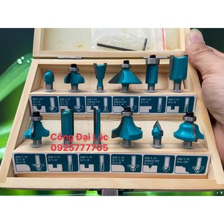 Set 12 món mũi phay gỗ cốt 6mm / 6.35 / 8mm / 12mm / 12,7mm TOTAL đóng gói trong hộp Gỗ