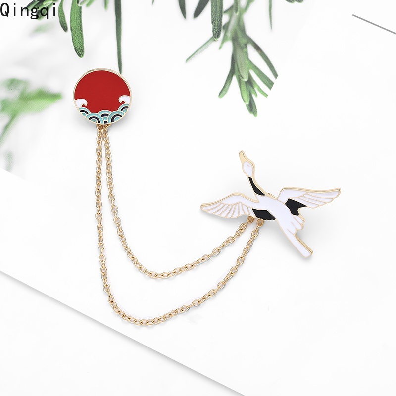Ghim cài áo Miss Zoe dây xích gắn hình chim hạc + sóng biển kiểu Nhật Bản sáng tạo thích hợp làm quà tặng cho bạn bè