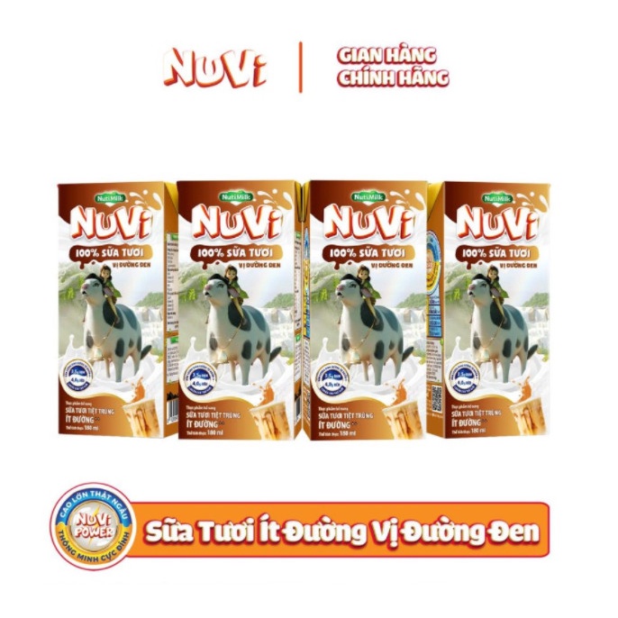 Combo 2 Lốc 4 hộp Nutifood NuVi 100% Sữa Tươi – Sữa Tươi Tiệt Trùng Ít Đường Vị Đường Đen hộp 180ml/hộp