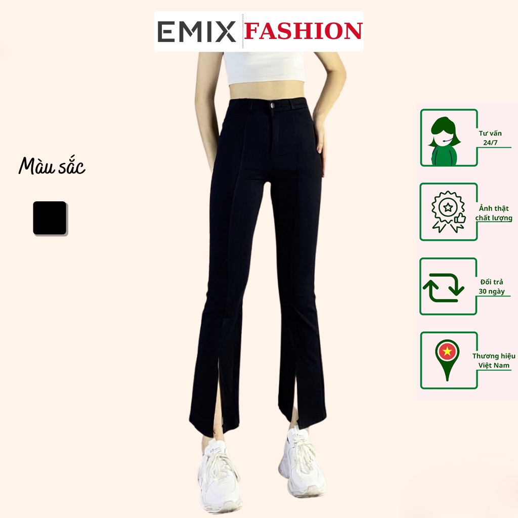 Quần jean giấy xẻ trước công sở EMIX (màu đen), dáng dàng, cạp cao, ống ôm và loe, vải jeans cao cấp, mềm mịn, không bai