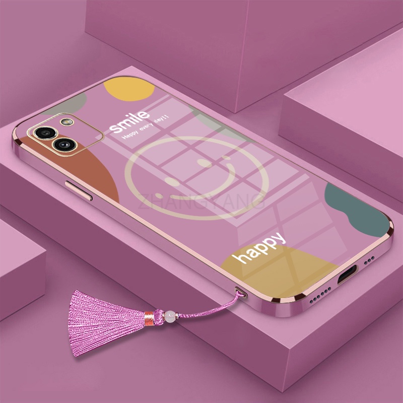 Ốp Điện Thoại TPU Silicon Mạ Điện Hình Mặt Cười Đính Tua Rua Và Dây Đeo Cho Samsung a03