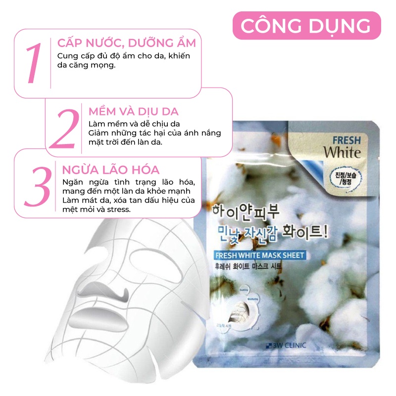 Combo 10 Túi Mặt nạ giấy dưỡng trắng da dưỡng ẩm chiết xuất từ Hoa Nhung Tuyết 3W Clinic Hàn Quốc 23mlx10