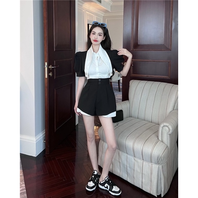 Set áo sơ mi quần lưng cao koreastyle