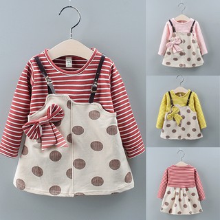 Đầm công chúa dài tay họa tiết kẻ sọc có nơ cho bé gái