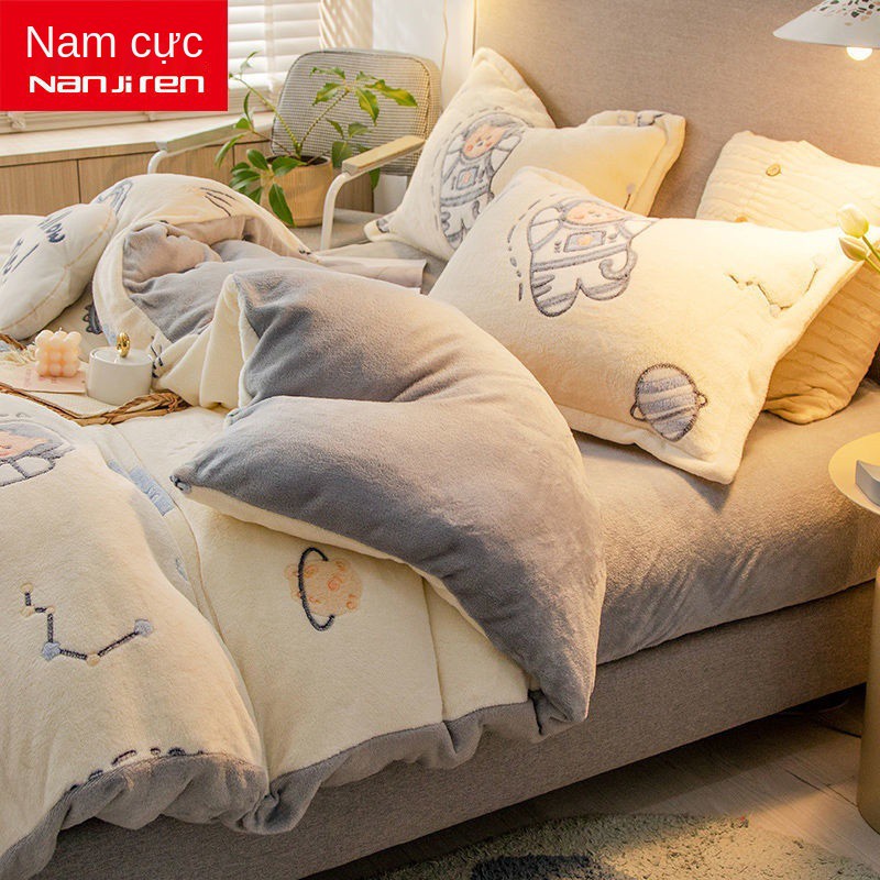 Bộ bốn mảnh lông cừu tuyết, chăn san hô ấm áp mùa đông, hai mặt, đồ giường bằng vải nỉ ba