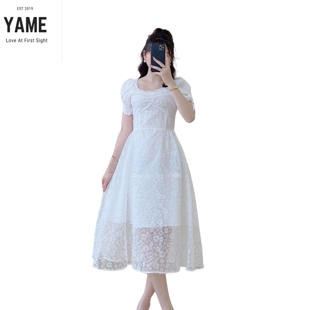Váy trắng tiểu thư dáng suông dài, tay bồng nơ thắt cổ vuông chất vải ren lót lụa YAME