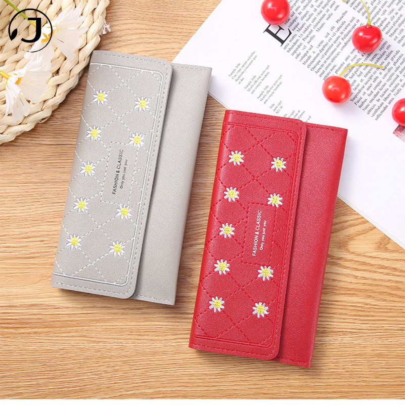 Women Long Wallet Fold Handheld Cheap Pretty Leather Multiple Compartments Heart Embroidery Zip Phone Purse