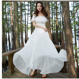 Đầm maxi trắng voan mềm trễ vai tay phồng đáng yêu <3 - kèm hình thật 100%