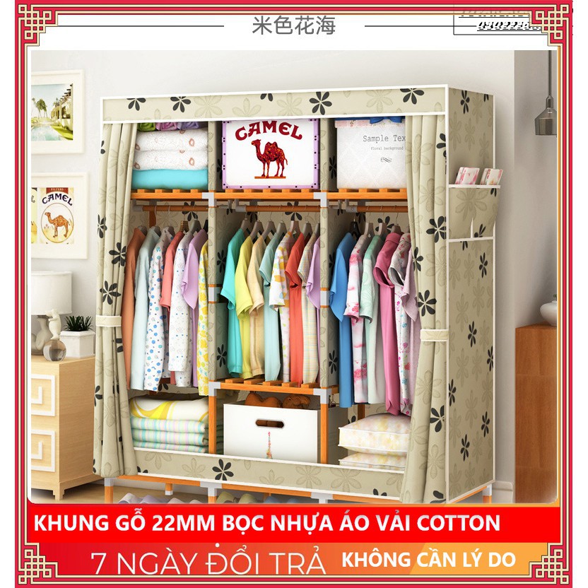 tủ đựng quần áo vải loại 1 Khung Gỗ chốt nhựa giá Rẻ Nhất 3 buồng