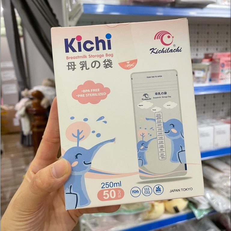 Hộp 50 túi trữ sữa Kichilachi 250ml con voi khử trùng an toàn cho bé