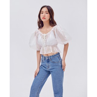 Áo croptop SheByShj tay bồng trong suốt màu trắng - Lita Top