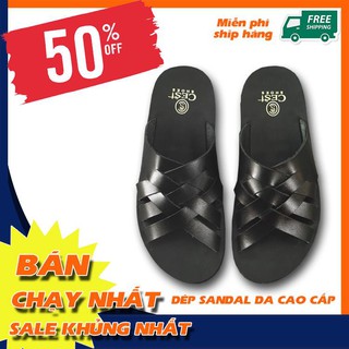 Dép sandal nam da bò cao cấp đế cao su siêu mềm, dép da nam quai chéo, không xỏ ngó tiện dụng