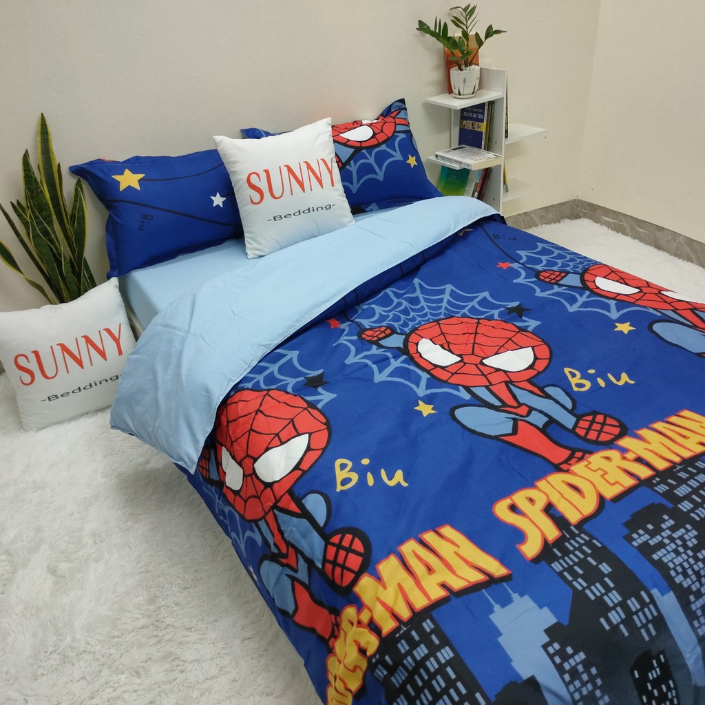 Bộ Chăn Ga Gối SUNNY Bedding Mẫu Người Nhện Spiderman Cho Nệm Drap M2,M4,M6,M8,2m2 Chất Liệu Cotton Poly