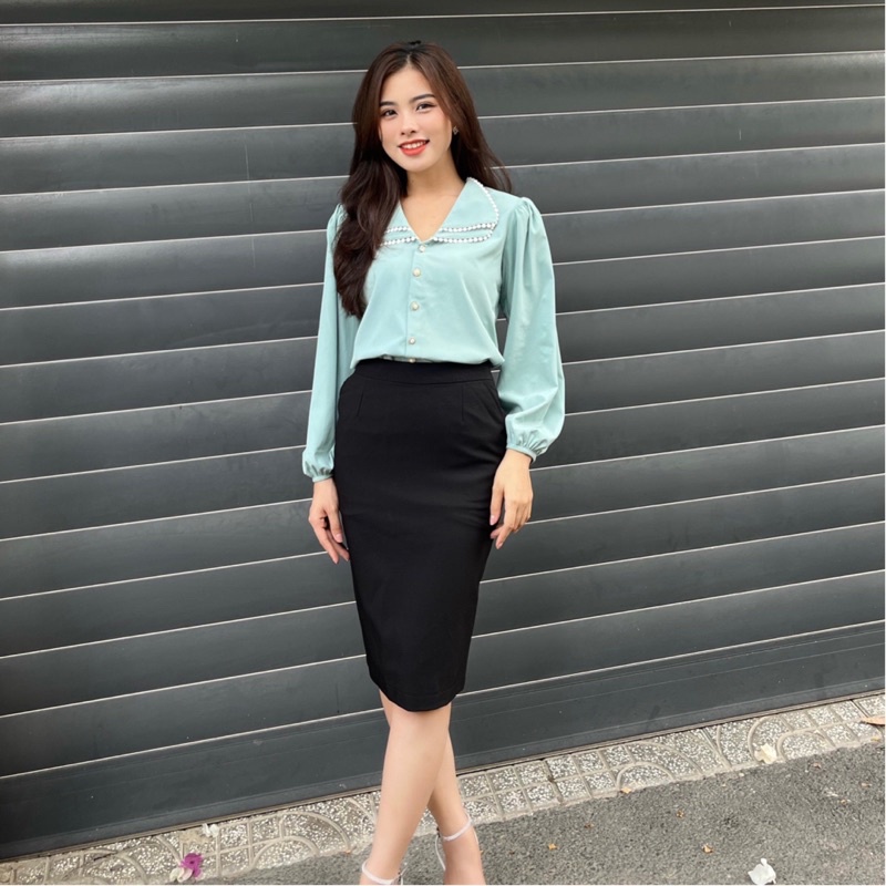 ▼☑☼Áo sơ mi nữ 💖Gloria Shop💖 kiểu tay bồng cổ 2 lá phối ren màu trẻ trung chất lụa trơn hàng đẹp SMK 12 xanh !