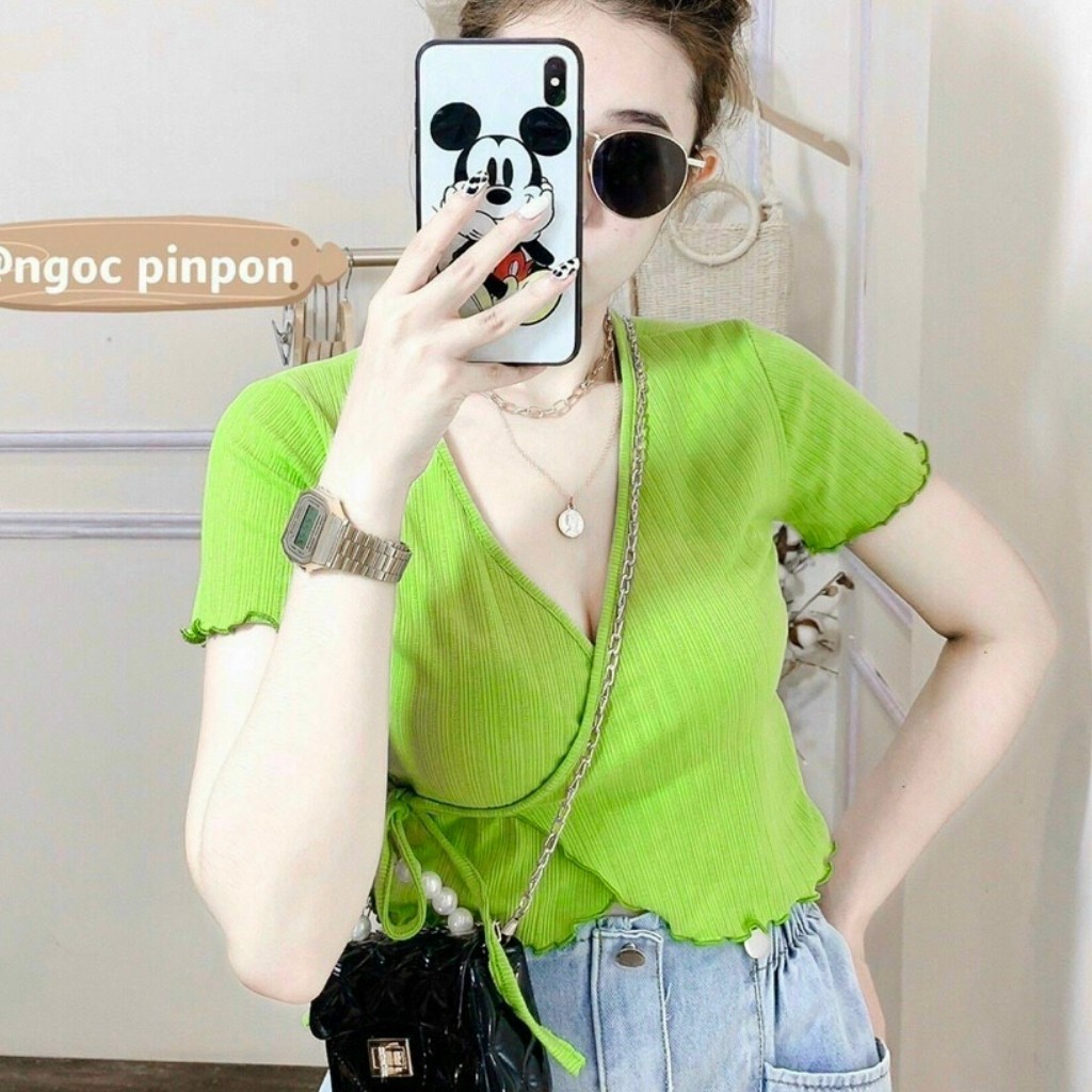 Áo Croptop Nữ Đắp Chéo Tà GenY Áo Kiểu Nữ Cổ V Chất Thun Gân Mềm Mịn | BigBuy360 - bigbuy360.vn