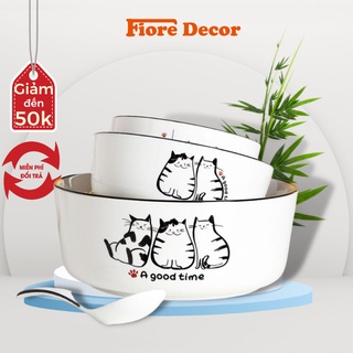Bát đĩa sứ gồm chén và đĩa họa tiết chú mèo Fiore