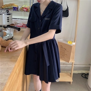 Váy sơ mi dáng xoè cổ bẻ dạng blazer có thắt eo